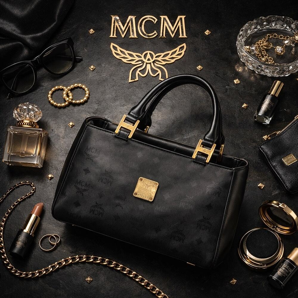 Authenticated MCM Small Black Visetos Jacquard Canvas & Calfskin Leather Purse